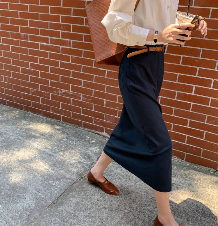 韩版2025夏季新款高腰纯色直筒半身裙女小众气质中长款开叉包臀裙
