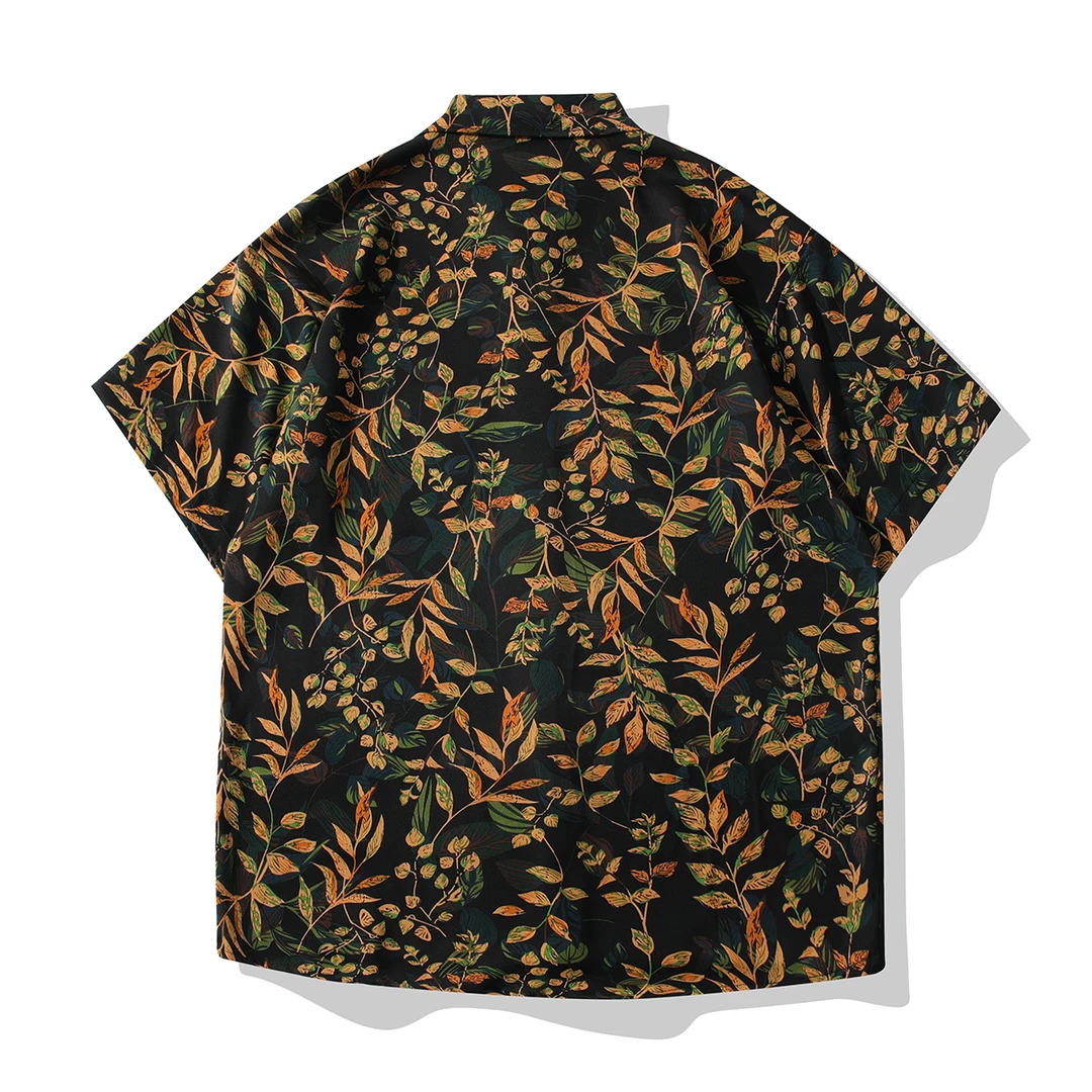 短袖夏季国潮复古潮流冰丝衬衣男大码宽松麦穗花衬衫印花冰感男装