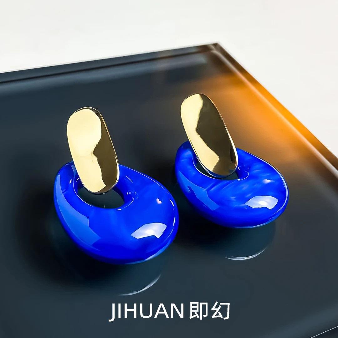 铜合金耳饰 法式克莱因蓝色轻奢时尚气质精致优雅小众耳环 9787