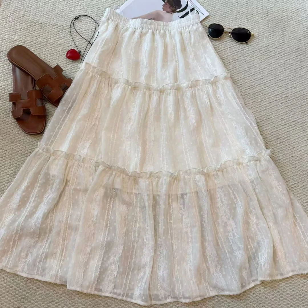 容容定制 蕾丝拼接高腰显瘦夏季A字仙女半身长裙气质时尚 514