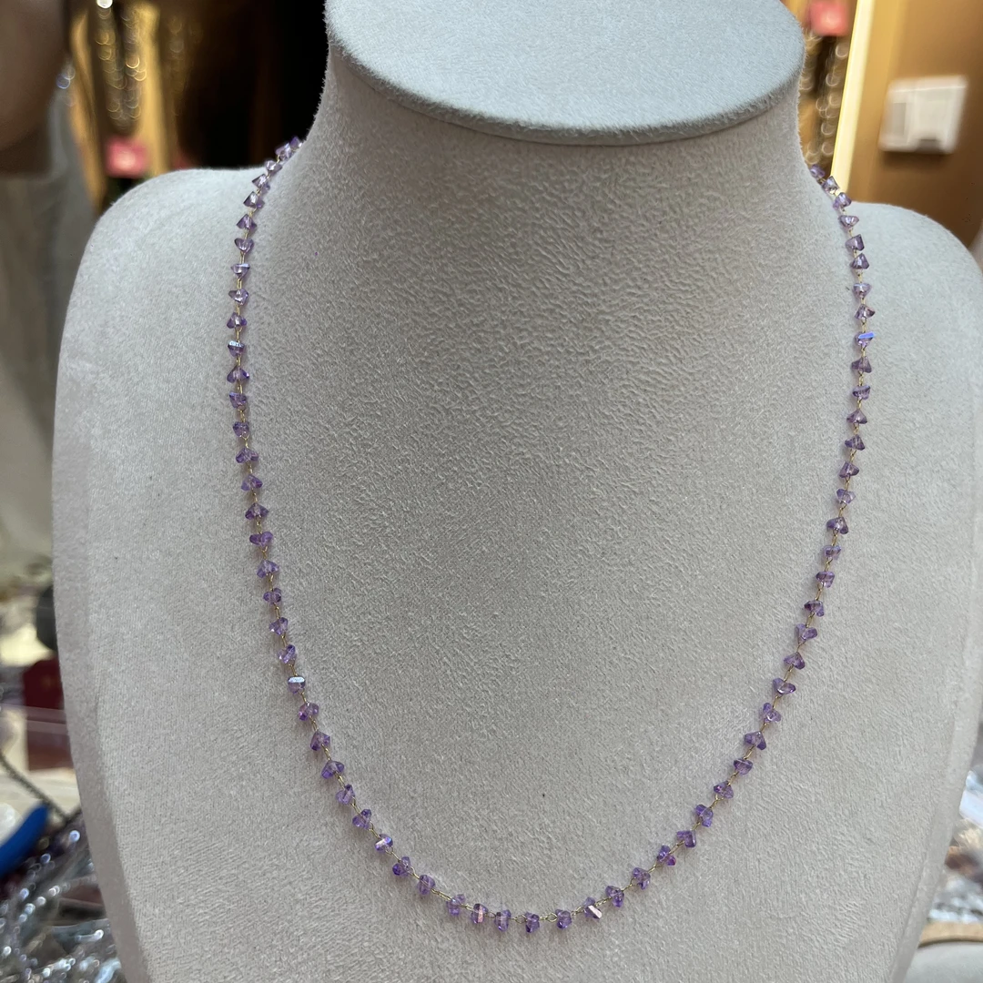 钛钢仿水晶项链 小紫鸡爱心满串锁骨链