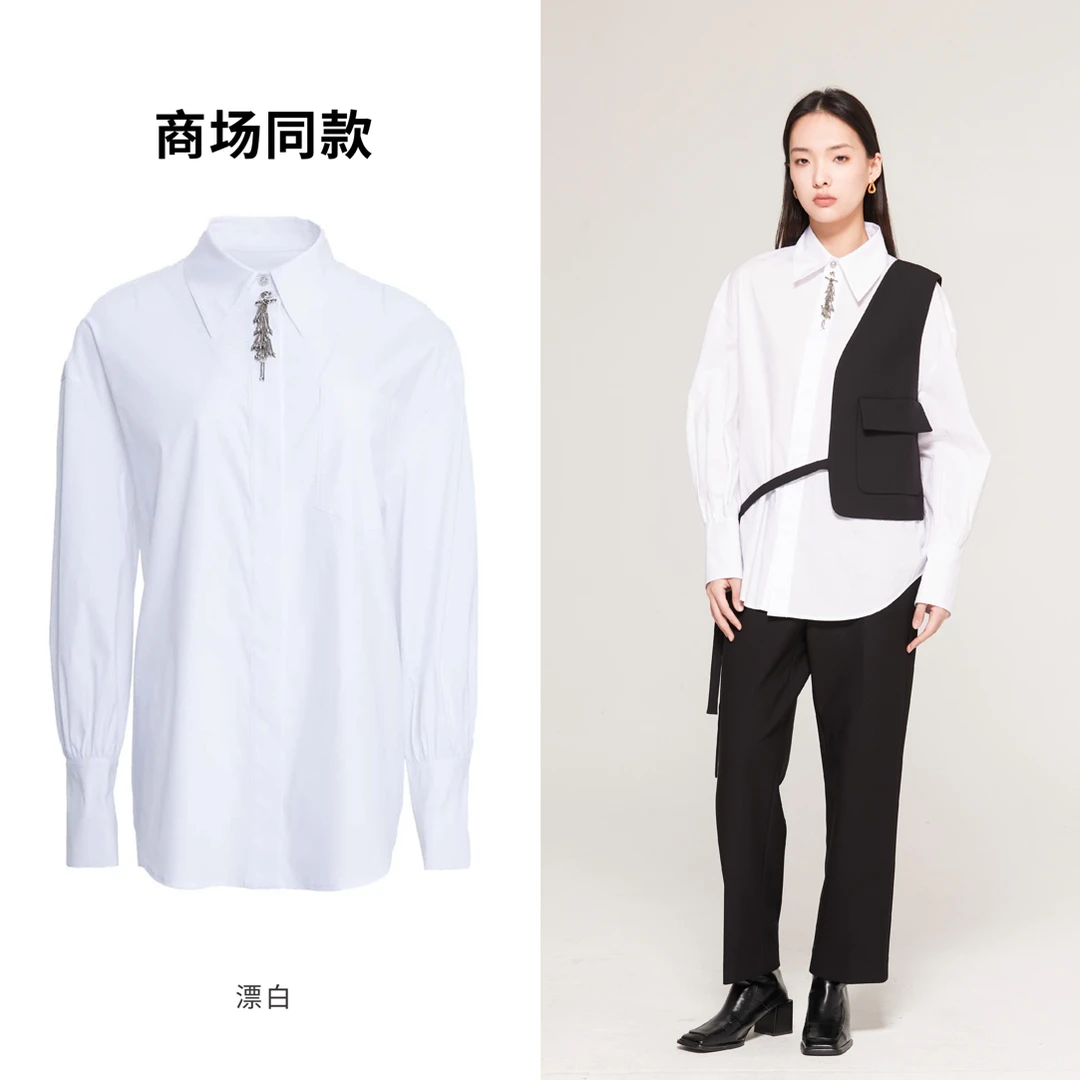 秋新款百搭重工钉珠设计感纯色灯笼袖棉质白衬衫