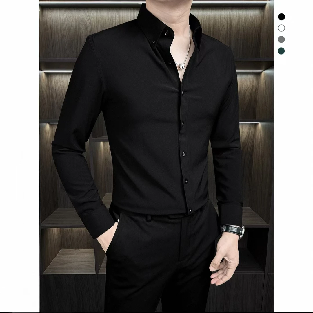 商务风基础纯色长袖衬衫男款痞帅高级感男装垂感修身黑色衬衣简约