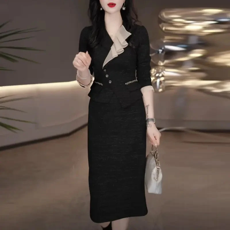 华夫格精纺轻奢女装2025秋季新款长袖气质名媛显瘦假两件连衣裙子