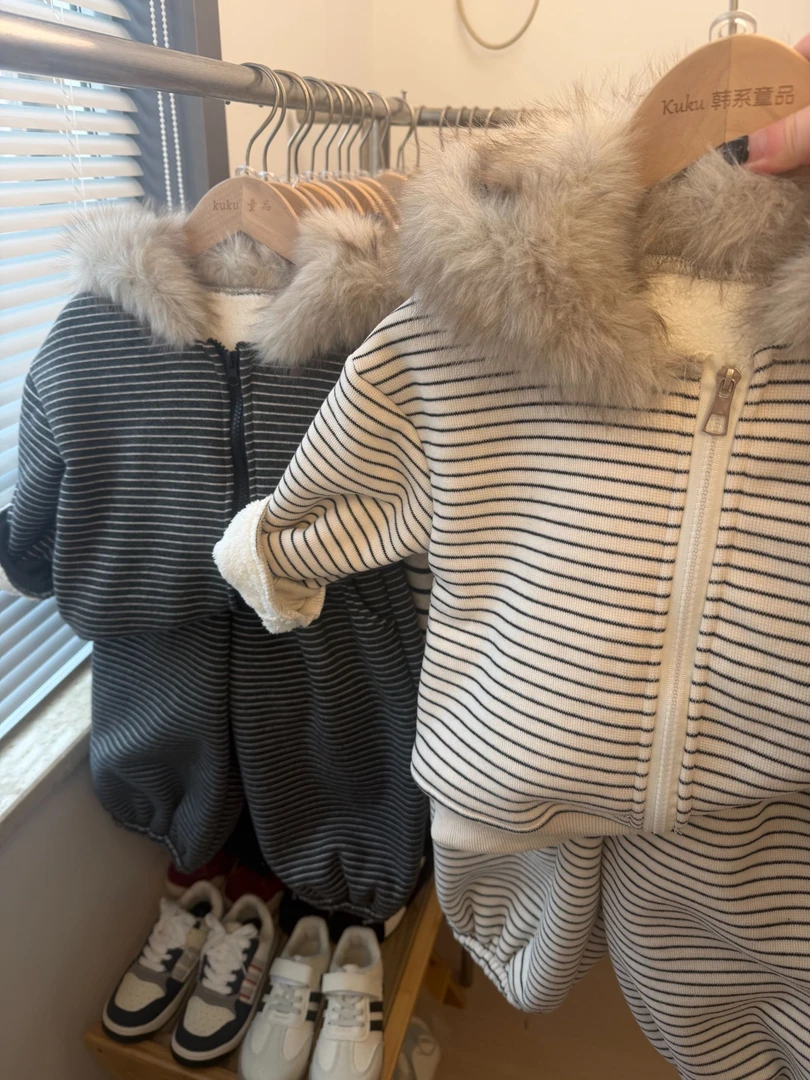 【加厚】冬装男女通用加绒拉链套装上衣卫衣条纹秋冬休闲风