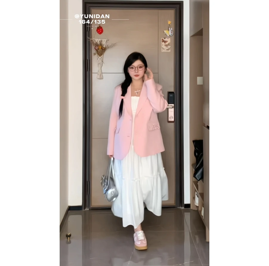 芋泥弹【奈良学姐】大码女装微胖妹妹温柔粉色西装搭芭蕾裙套装
