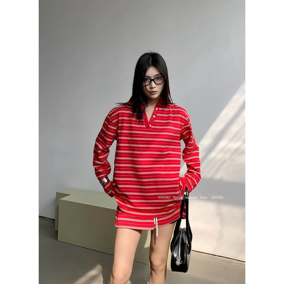 哥弟阿玛施正品【断码】YIYOU2025早春新款春Polo领条纹T恤女高腰抽