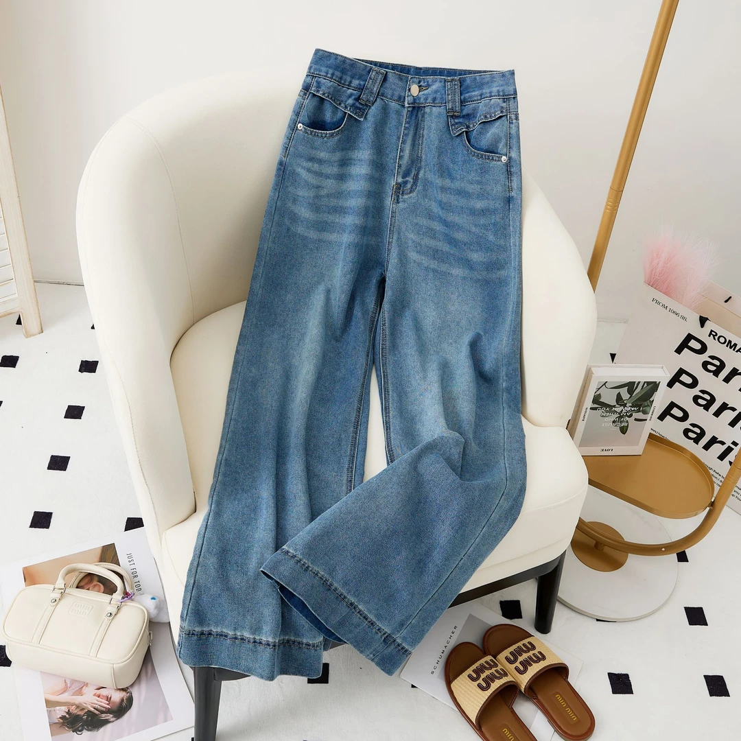 (送精品腰带）夏季新款韩版高腰时尚百搭INS窄版阔腿裤显瘦牛仔裤