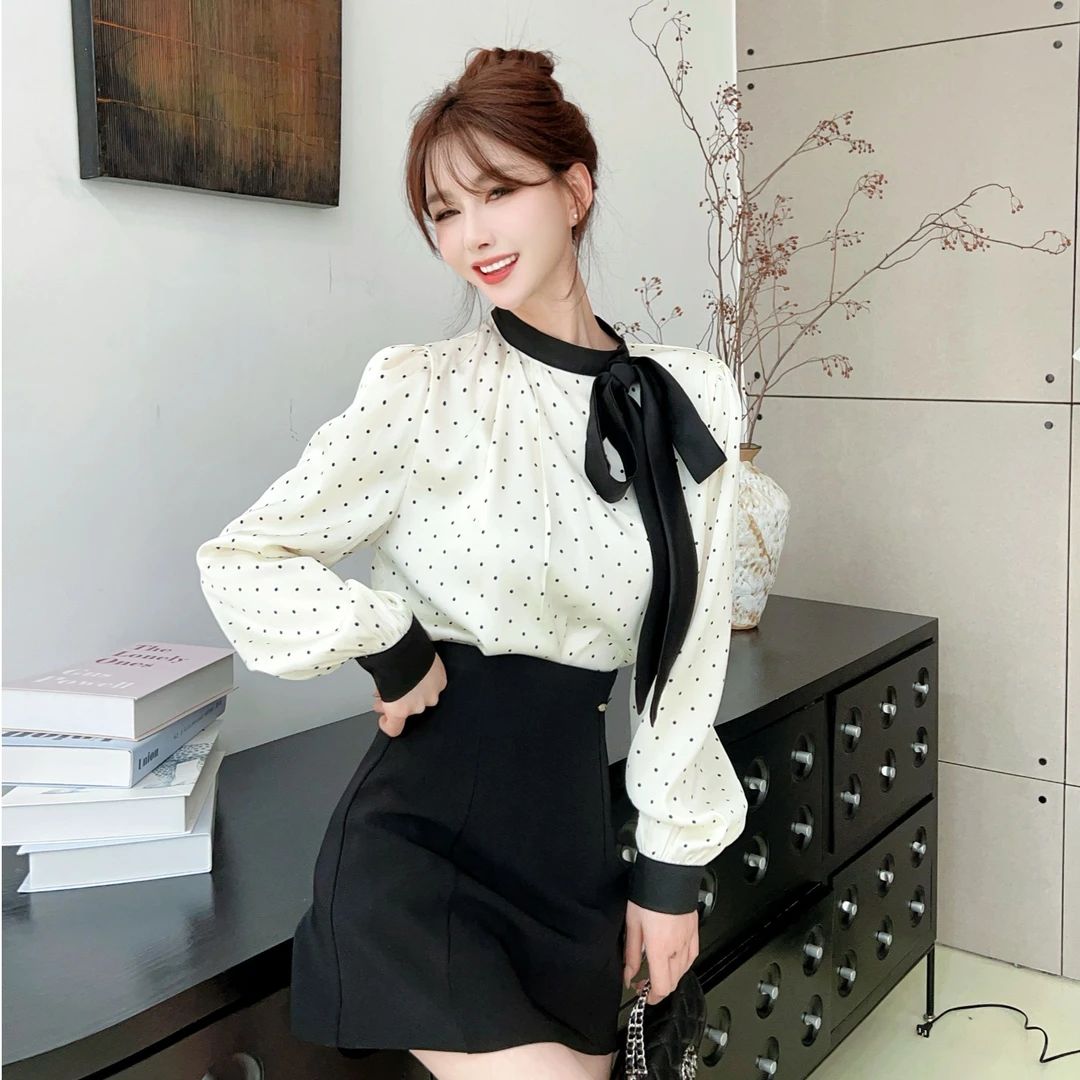 【法甜茶歇2.0】法式复古波点蝴蝶结飘带长袖断面衬衫 #8531