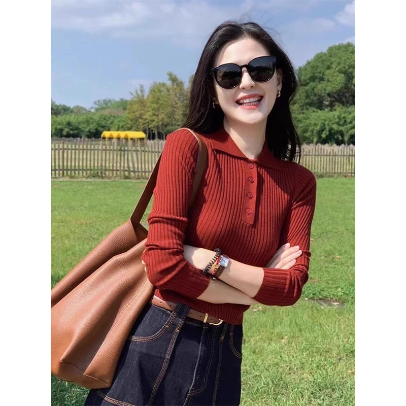 红色polo领长袖针织衫女早秋穿搭修身内搭短款翻领毛衣打底衫上衣