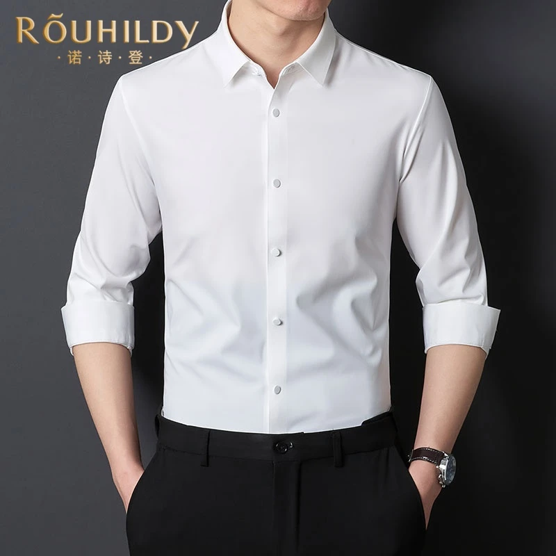 Rouhildy长袖衬衫男春秋季纯色方领修身上衣商务男士休闲衬衣