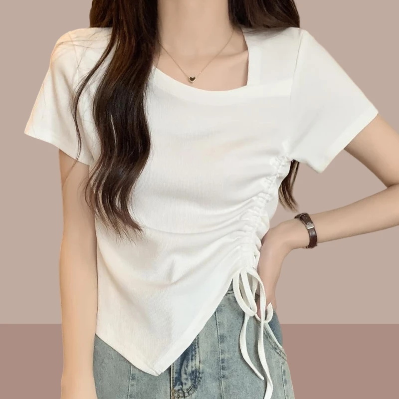 韩系通勤抽绳系带短袖t恤女2025夏季新款修身显瘦短款打底上衣