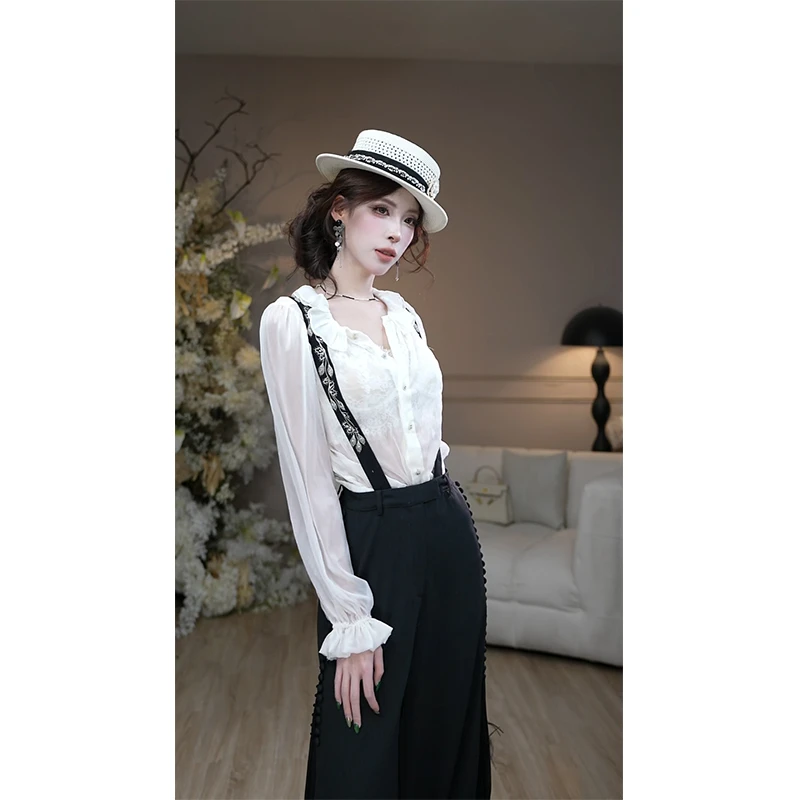 彼得潘大叔《漫步1999》木耳边弹力下摆上衣刺绣修身背带裤