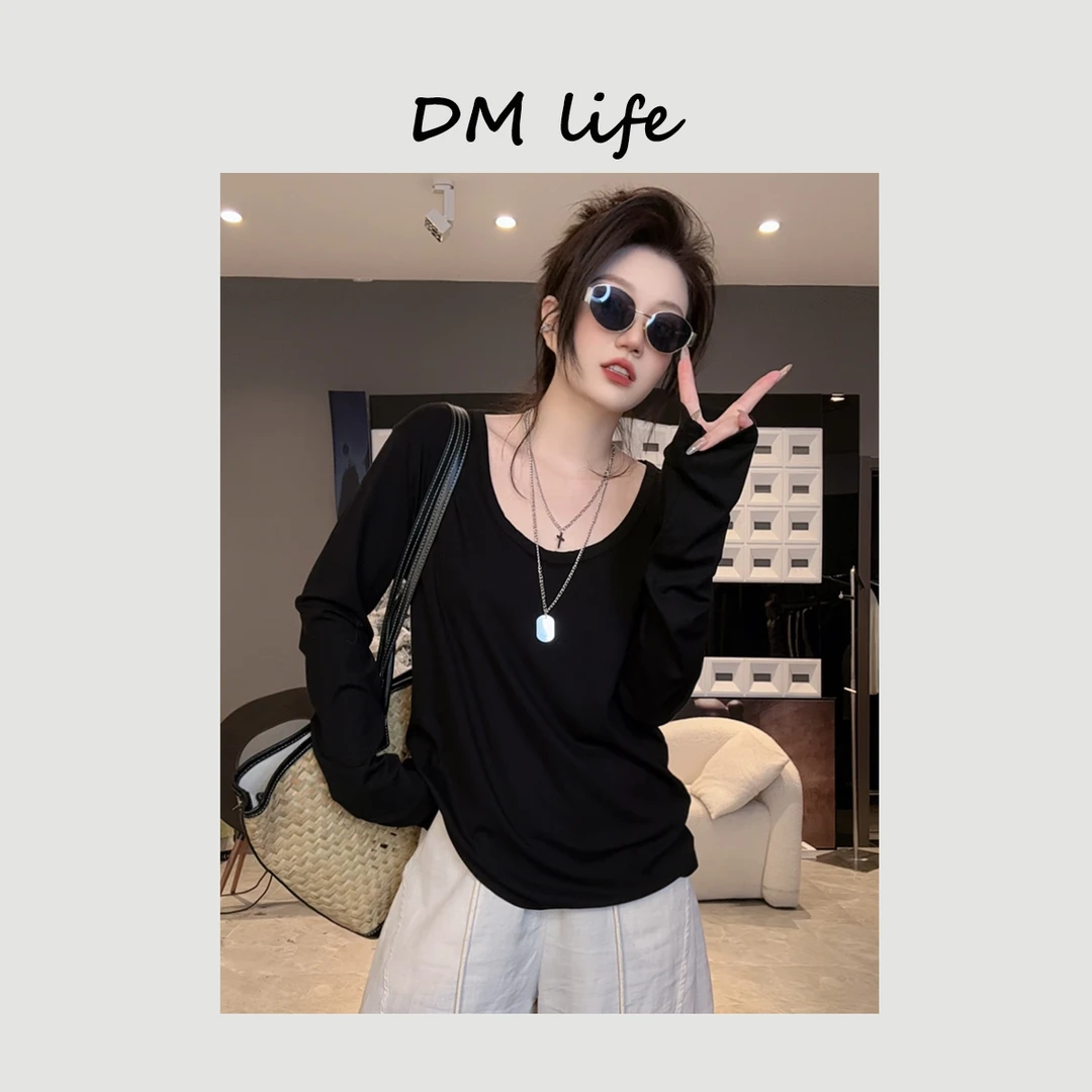 DMlife【百搭上衣】春季新款韩版坑条螺纹简约宽松百搭长袖T恤