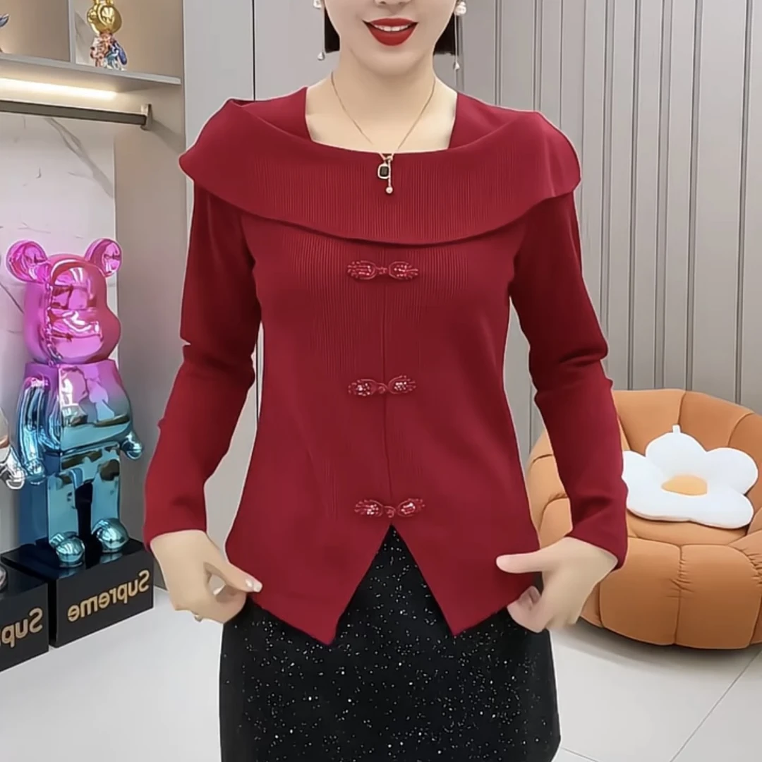 新款修身百搭时尚设计感一字肩翻领长袖针织打底衫上衣女