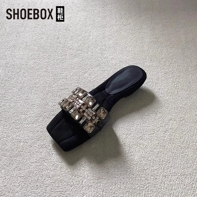 SHOEBOX鞋柜法式水钻一字拖鞋女2025夏新款时尚外穿舒适凉拖鞋