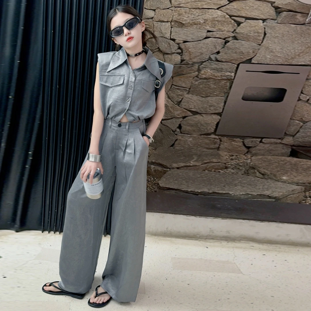 女童夏季套装2025中大童洋气时髦无袖衬衫领上衣儿童阔腿裤两件套