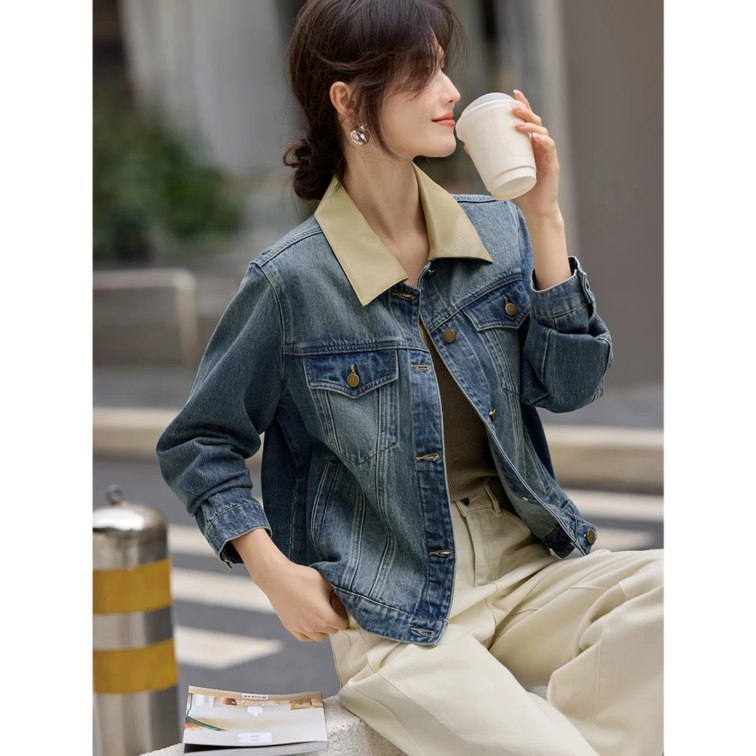 XWI/欣未2025年秋季拼色拼接牛仔外套通勤百搭气质撞色上衣女3246