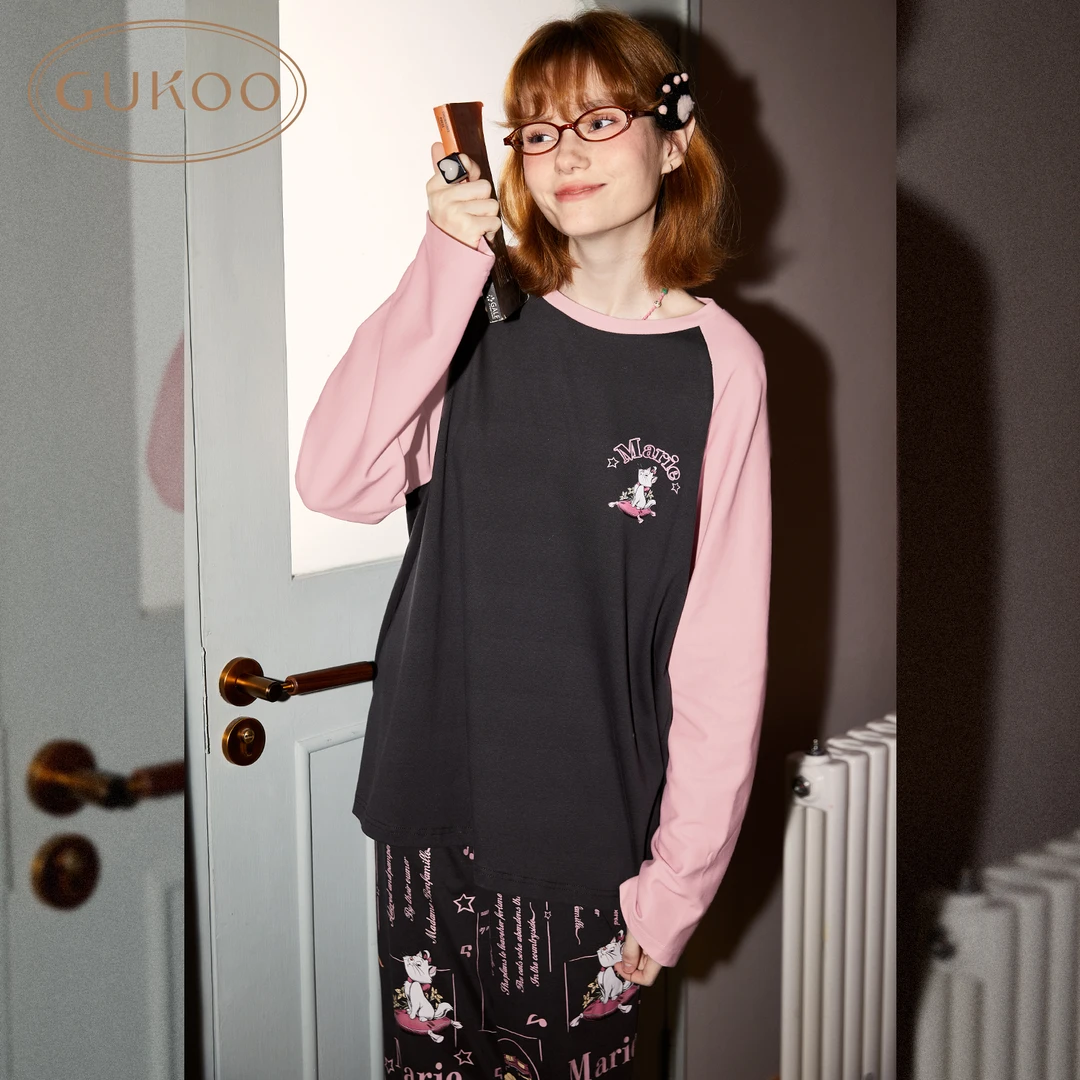 Gukoo/果壳玛丽猫黑粉撞色插肩袖春秋睡衣女圆领长袖家居服套装