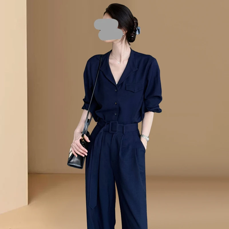 藏青色衬衫套装女2025夏季新款韩版V领通勤衬衣高腰直筒裤两件套