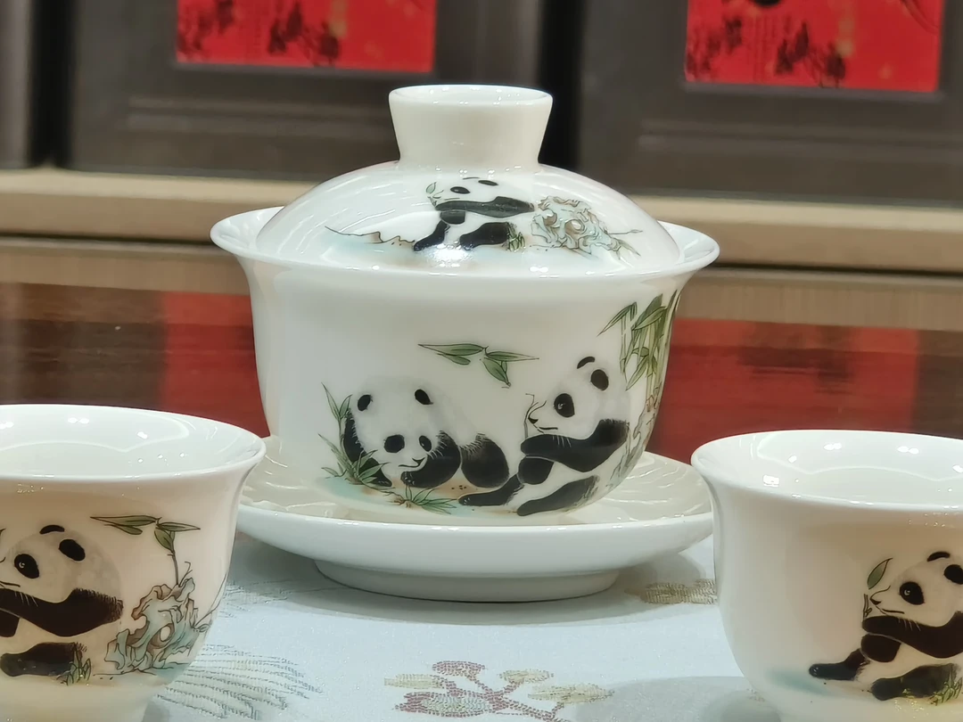 熊猫三才盖碗茶杯套装
