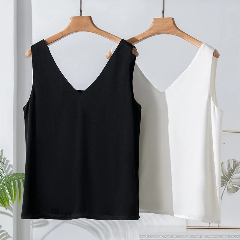 夏季女士无袖双层真丝背心93%桑蚕丝7%氨纶真弹力双乔
