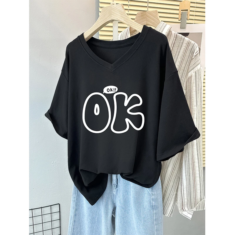 夏季大码短袖t恤女2025新款美式复古oversize宽松显瘦休闲V领上衣