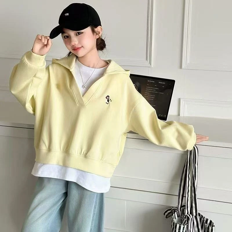 2025韩版女童时尚新款假两件连帽百搭卫衣春秋款小中潮酷痞帅童装