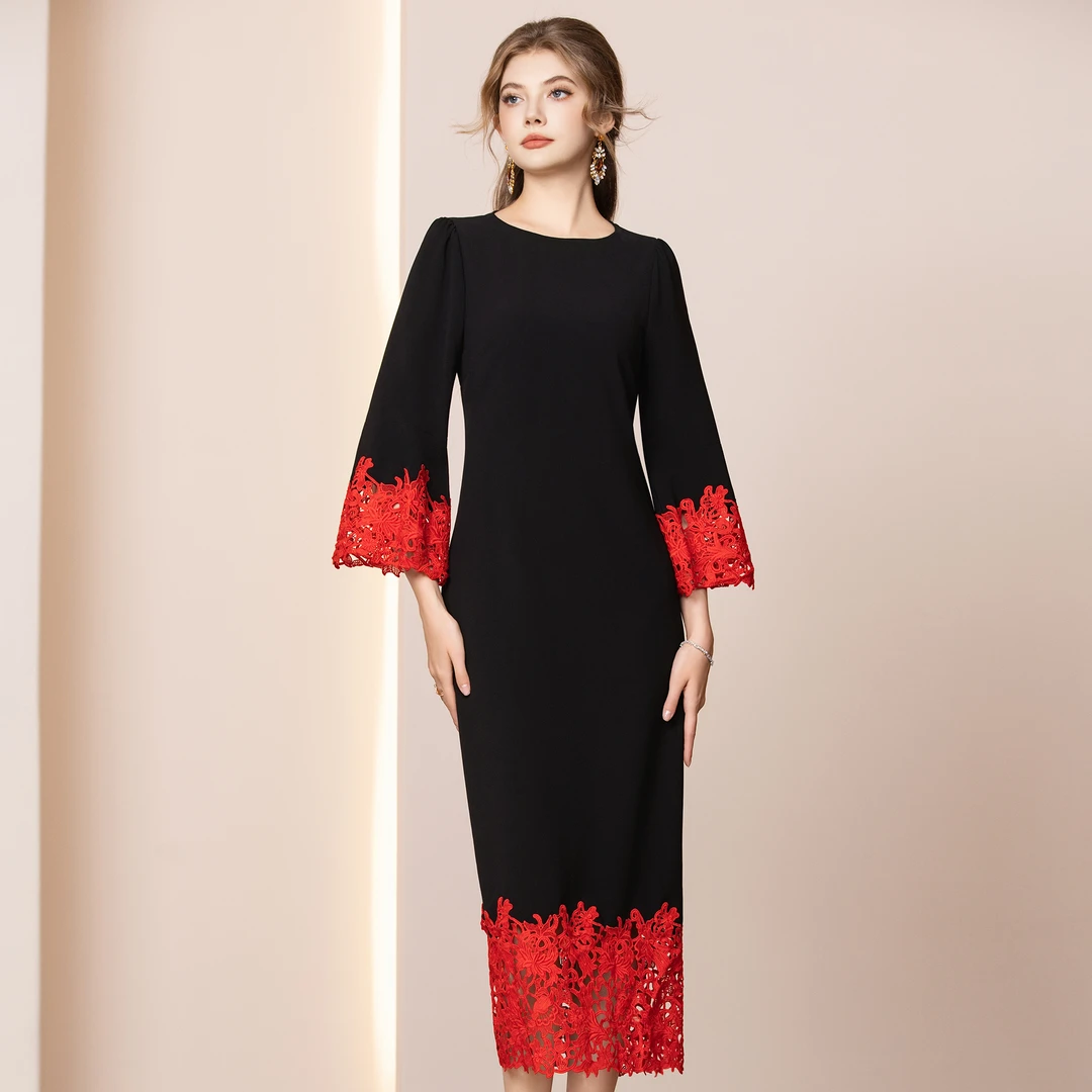 枝荔特别漂亮的连衣裙2026新款内搭正式场合蕾丝袖显身材长款裙子
