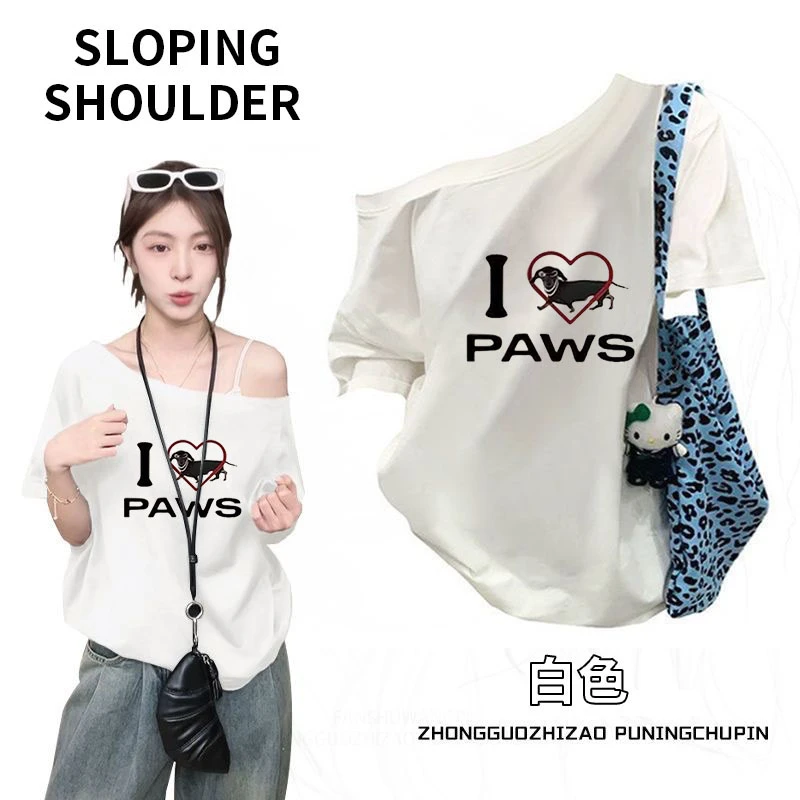 美式复古印花斜肩短袖t恤女夏季2025新款高级感百搭宽松ins上衣