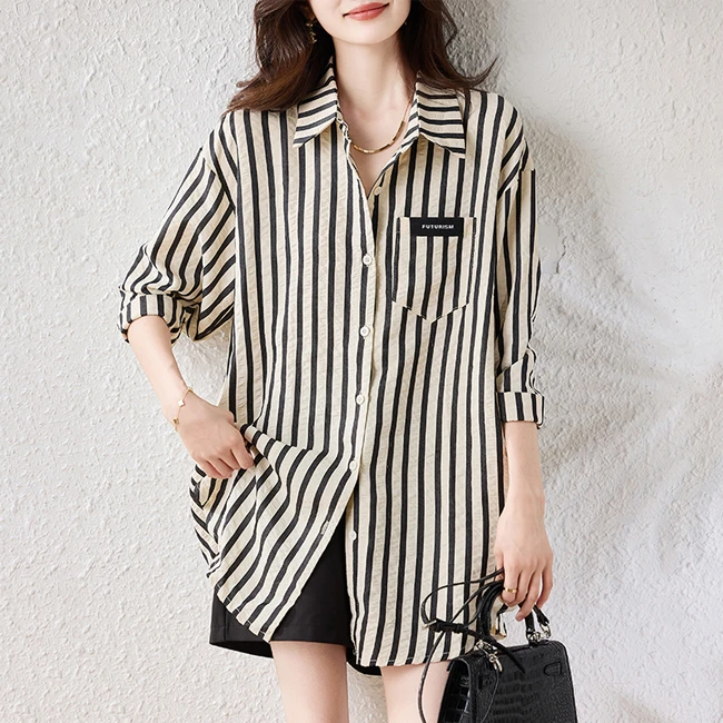 2025秋季新款大码时尚条纹显瘦遮肉宽松百搭休闲上衣中长款衬衫女