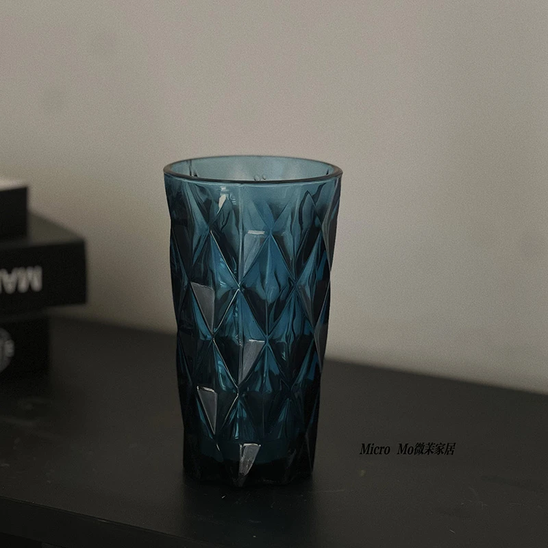 蓝色玻璃杯菱形高级感设计感复古风实用家居用品