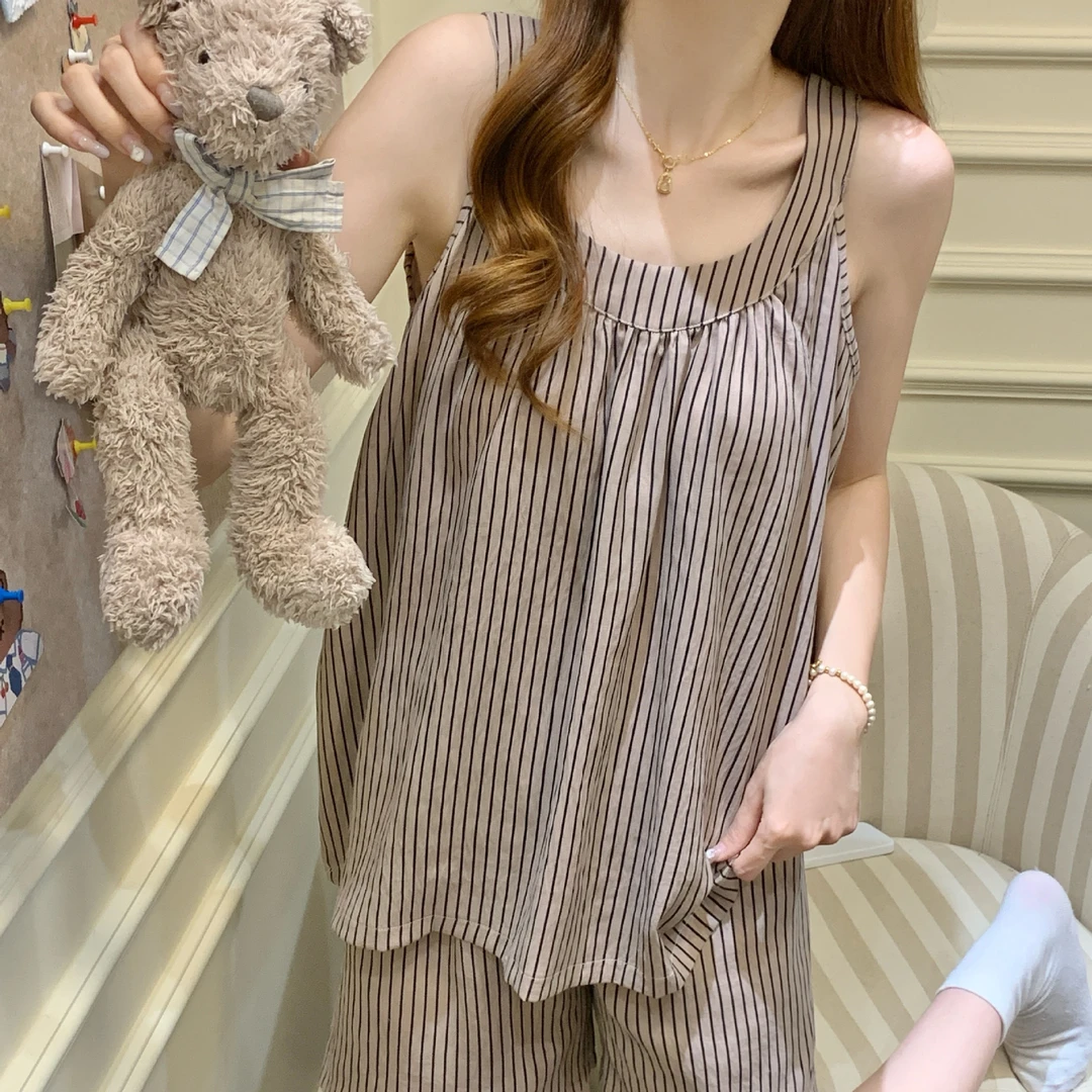 三件套吊带睡衣女款夏季背心长裤韩版条纹云朵棉带胸垫家居服套装