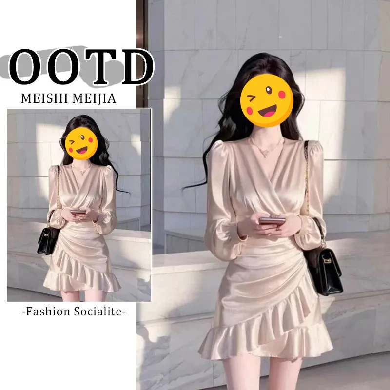 高级感气质收腰长袖连衣裙女装2025春季新款洋气小个子缎面短裙子