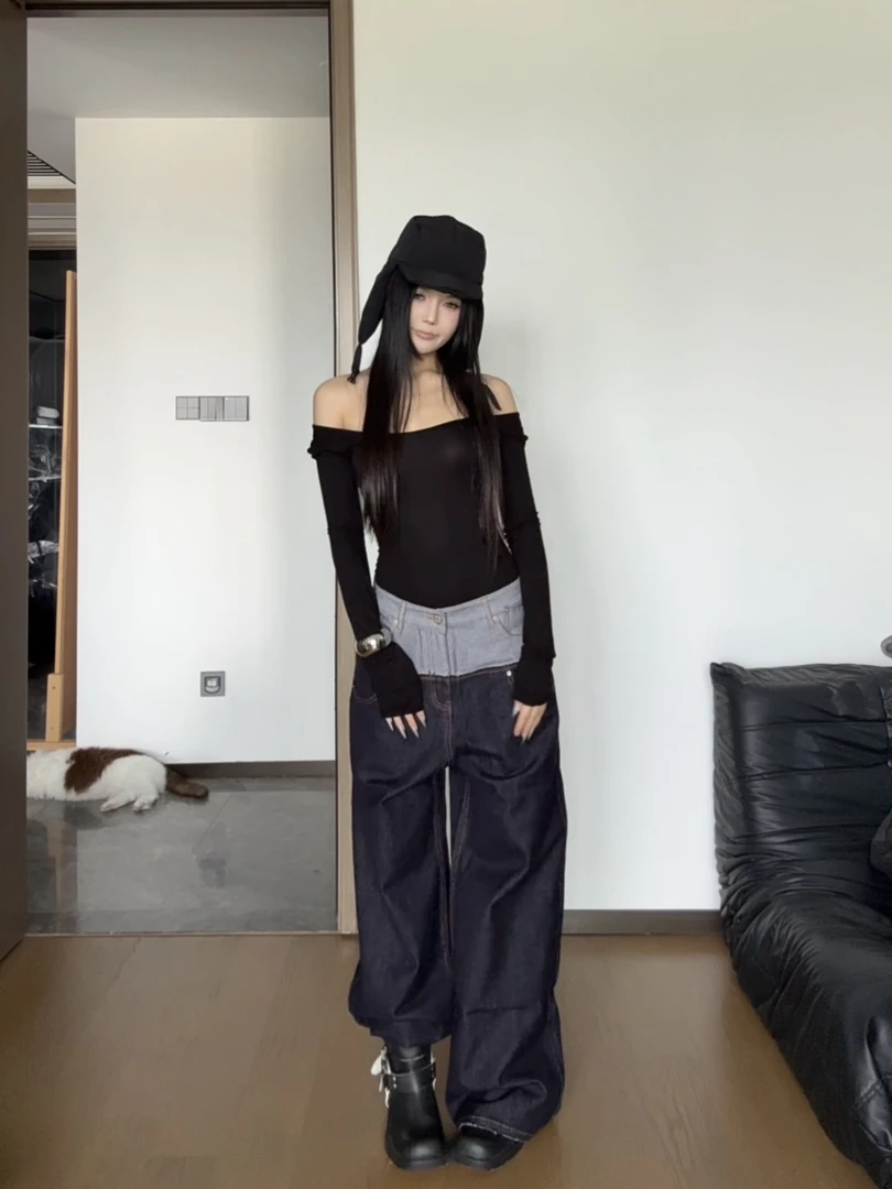 设计感双腰头拼接宽松丹宁原牛直筒阔腿裤女刺绣拖地长裤
