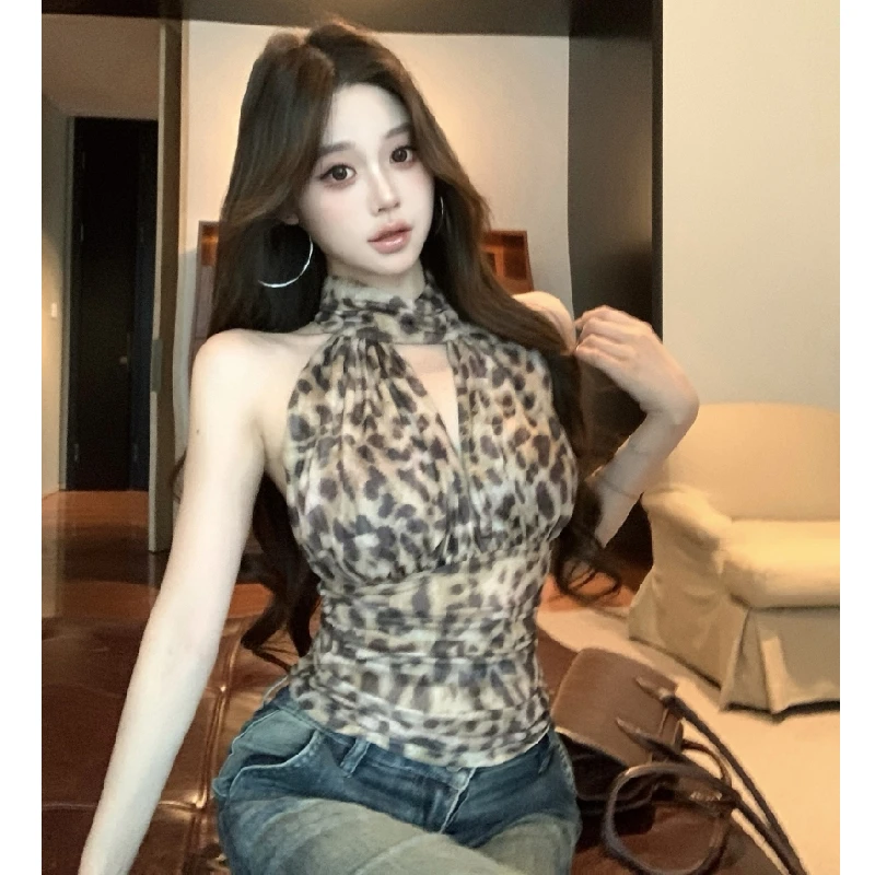 梦优莱设计感小众豹纹挂脖无袖小吊带背心女夏季露背修身显瘦上衣