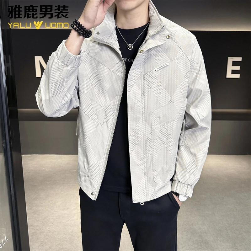 雅鹿男装外套男士潮牌春季新款蛇纹痞帅百搭修身帅气立领休闲夹克
