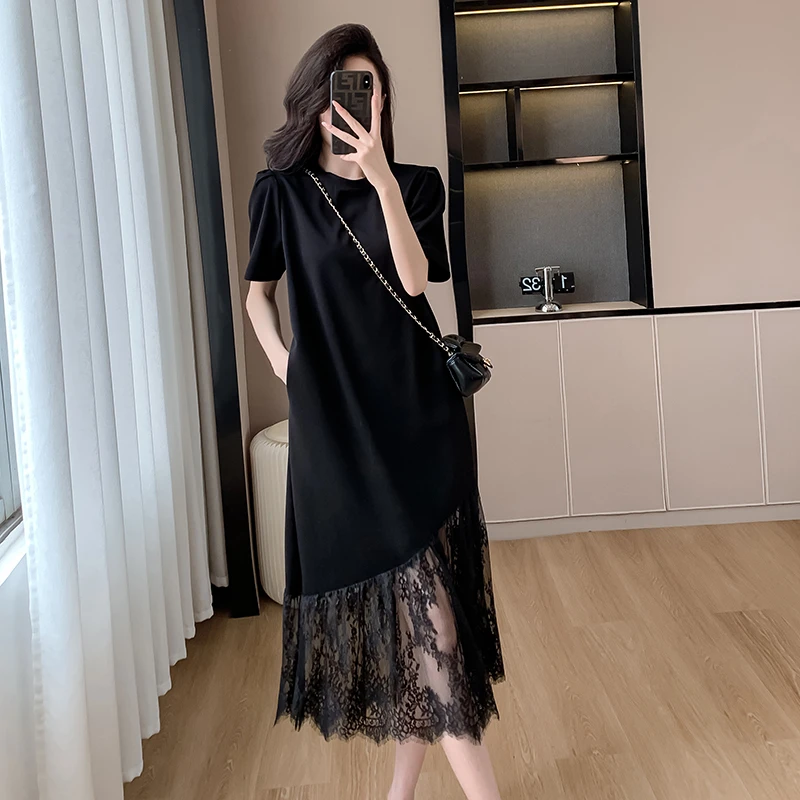 2025夏季轻奢气质减龄显瘦黑色长裙法式高级感蕾丝拼接卫衣连衣裙