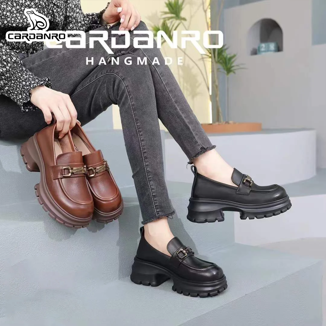 卡丹路【牛皮/5cm】爆款欧美风乐福鞋单鞋厚底女鞋软底春季粗跟圆头
