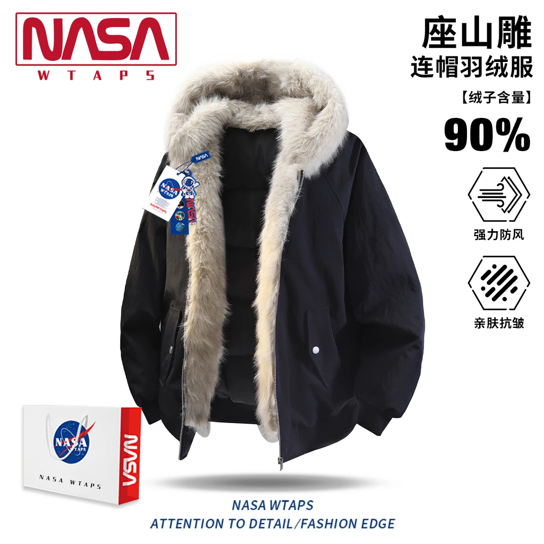 NASA WTAPS户外连帽毛绒感羽绒服男女冬季情侣款面包保暖羽绒外套