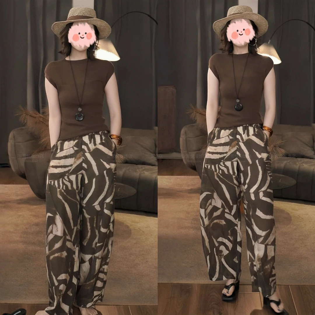 夏季新款透气圆领修身显瘦小飞袖百搭上衣宽松显瘦空气感长裤套装