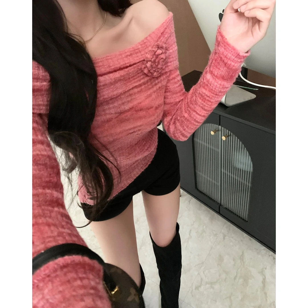 设计感晕染一字肩长袖针织衫女秋季修身百搭上衣