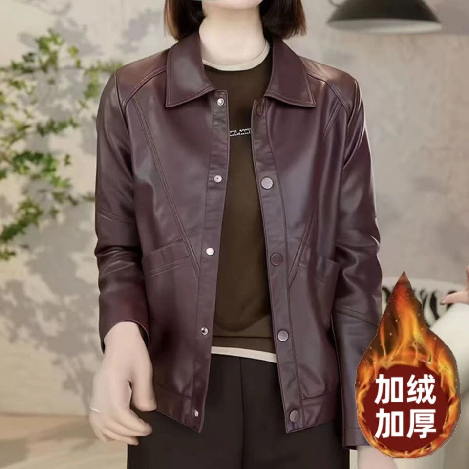 海秋宁冬季时尚纯色翻领pu水洗皮外套女G妈妈装洋气显瘦休闲皮衣