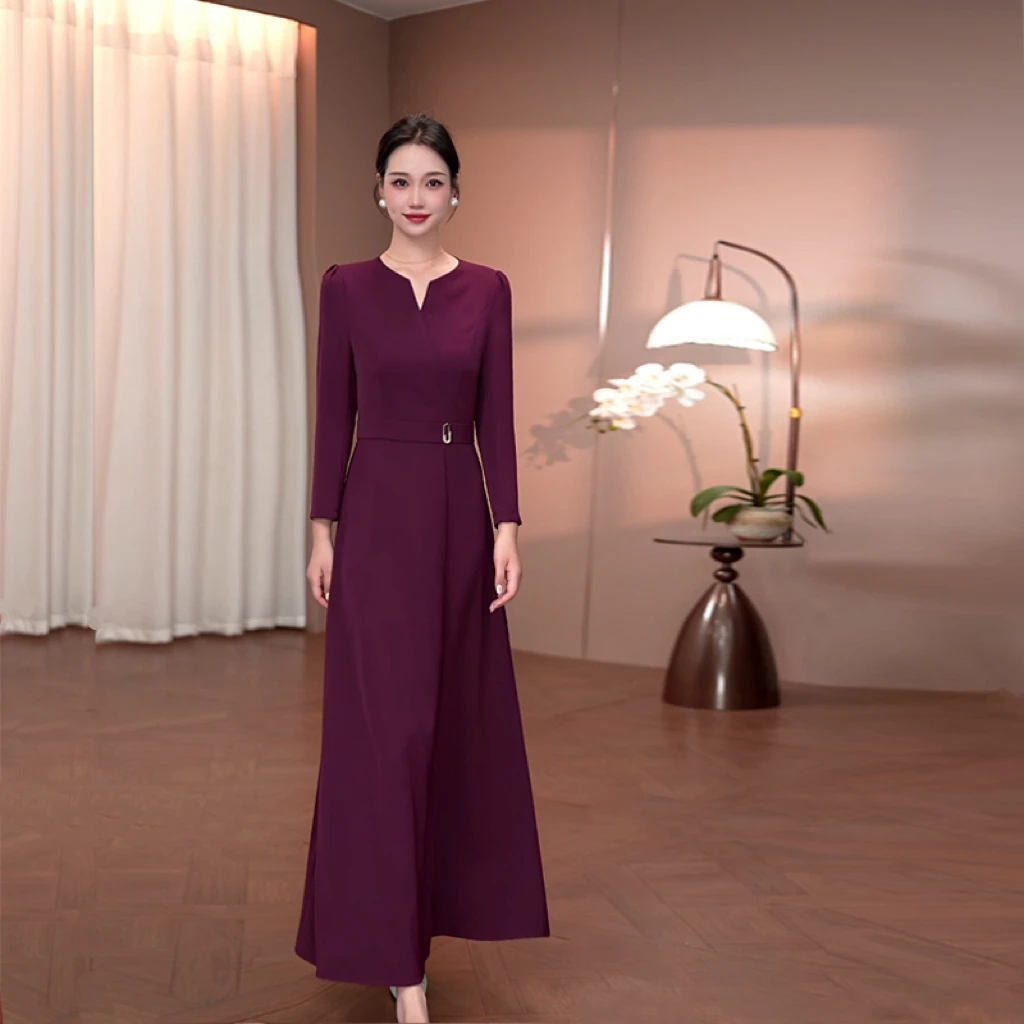 绛紫色大摆连衣裙2025秋季时尚修身收腰显瘦气质长裙25111