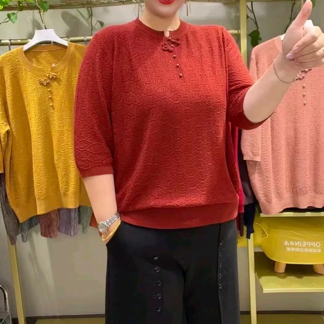 休闲风纯色常规款薄款中老年女装针织衫女装千金风