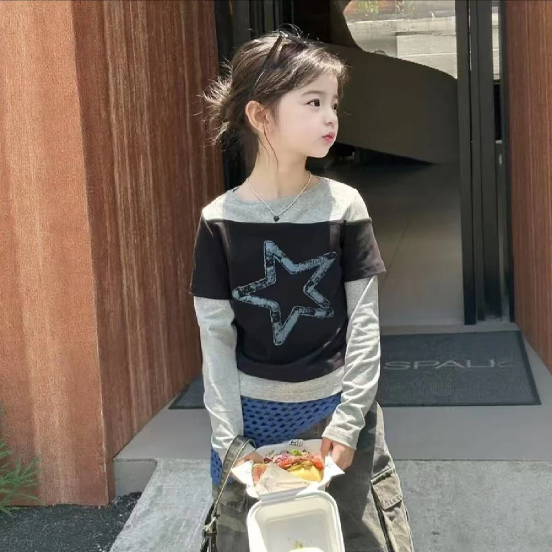 女童长袖T恤2025秋季新款韩版儿童假两件印花打底衫女孩韩版上衣