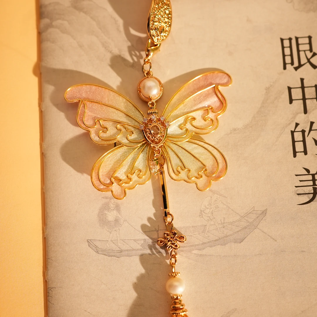 【粉色蝴蝶压襟】非遗手工掐丝绒花工艺挂件日常国风仙女百搭