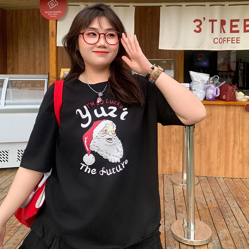 YUZI/鱼子夏季T恤印花半袖大码落肩圆领可爱胖mm百搭舒适显瘦