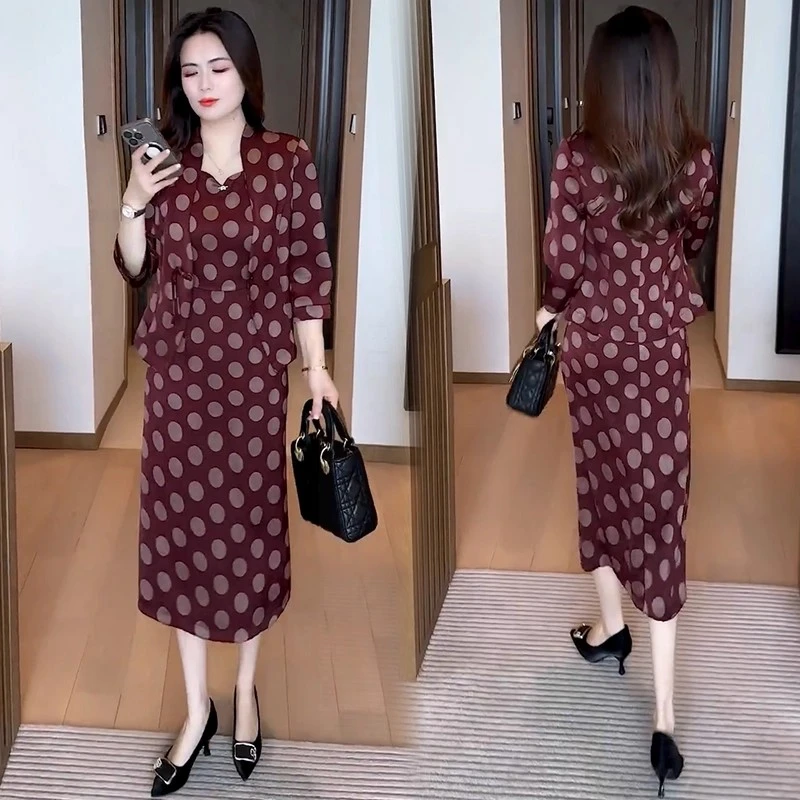 波点时尚套装女2025秋季新款洋气遮肉显瘦七分袖外套连衣裙两件套