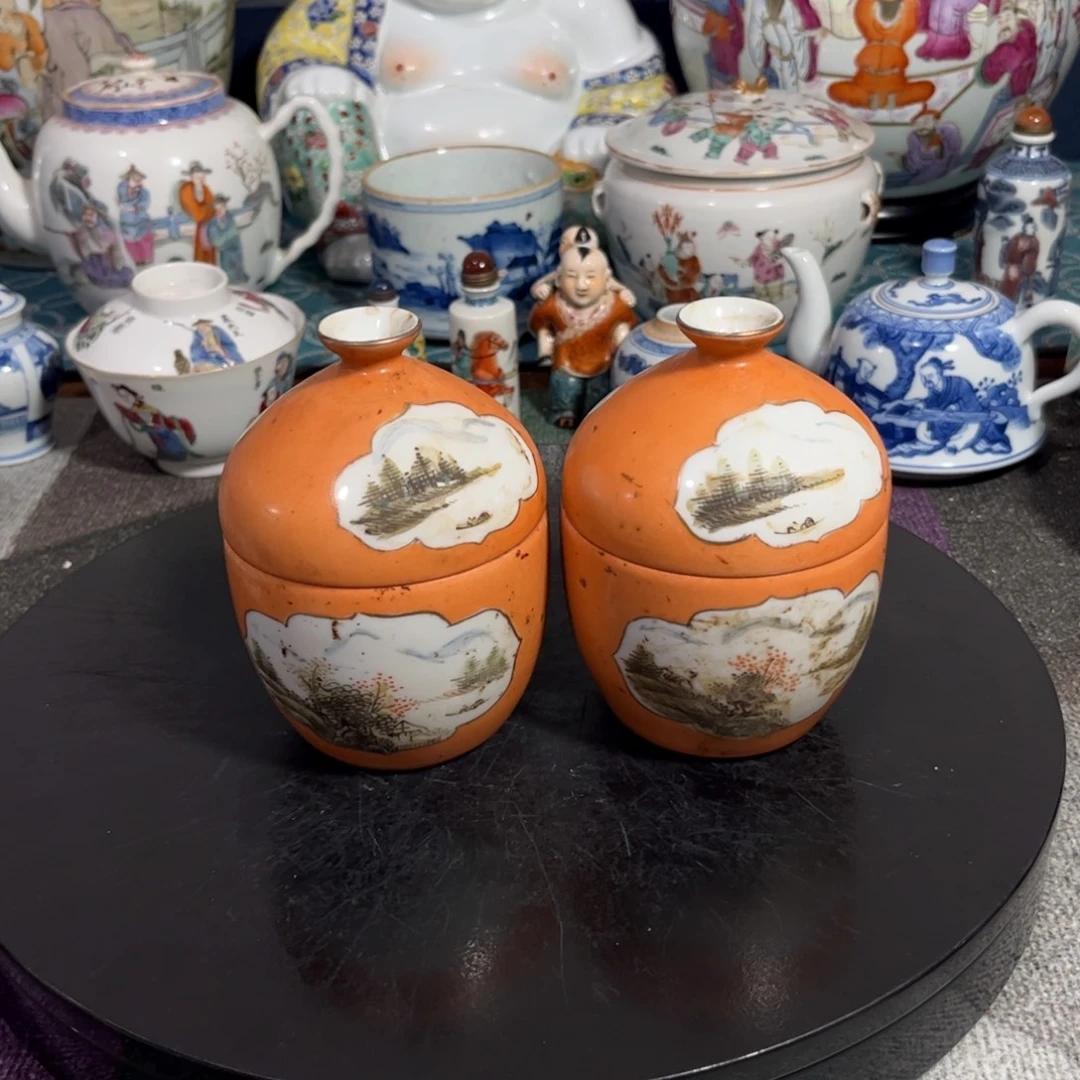 珊瑚红开窗山水糖罐